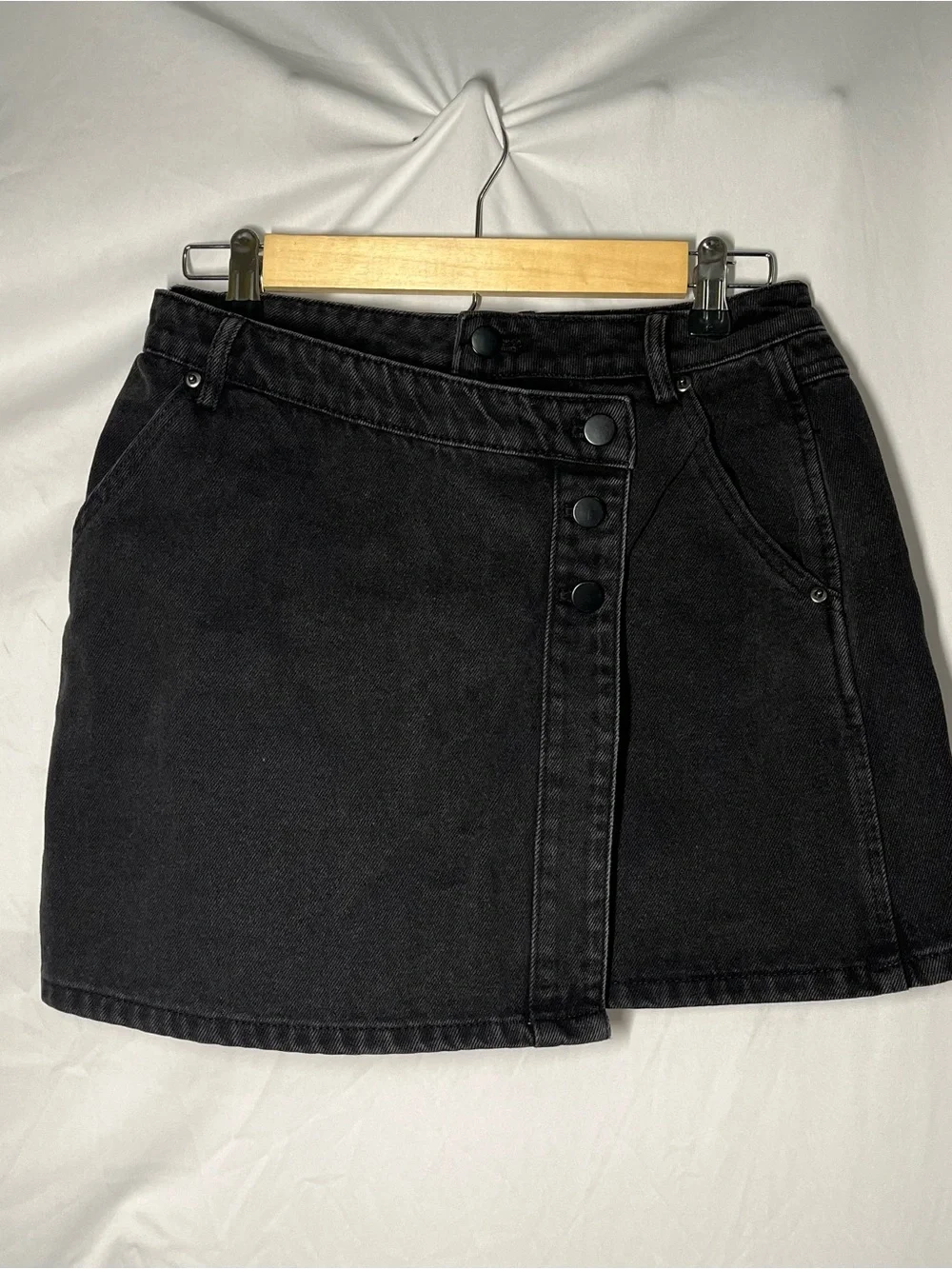 Vici Washed Charcoal Black Asymmetric Snap-Front Denim Mini Skirt
